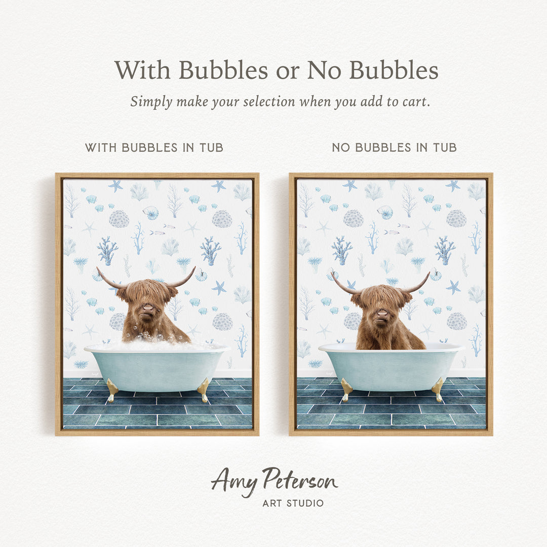 The image is a collage of two pictures featuring a Highland cow sitting in a bathtub. The cow is depicted in two different frames, one with bubbles and the other without bubbles. The text above the images reads "With Bubbles or No Bubbles Simply make your selection when you add to cart."