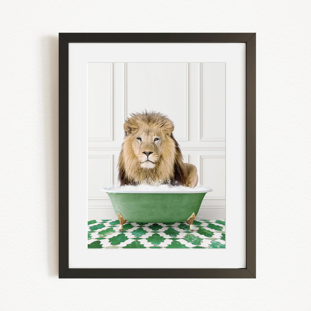 A lion sitting in a green bathtub filled with water, surrounded by a green and white patterned rug.