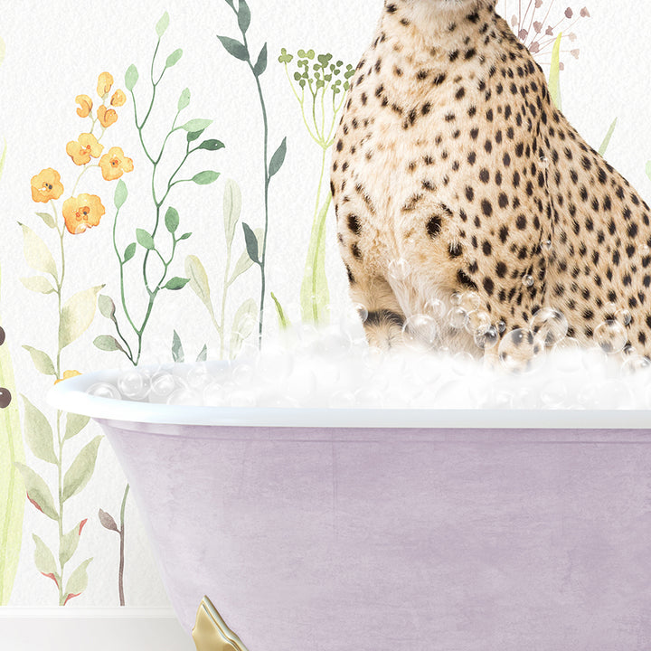 a cheetah sitting in a bathtub with flowers on the wall