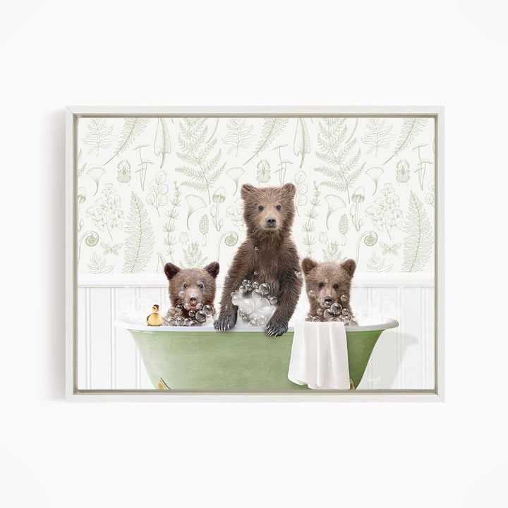 Three adorable brown bears sitting in a green bathtub, enjoying a relaxing bath.