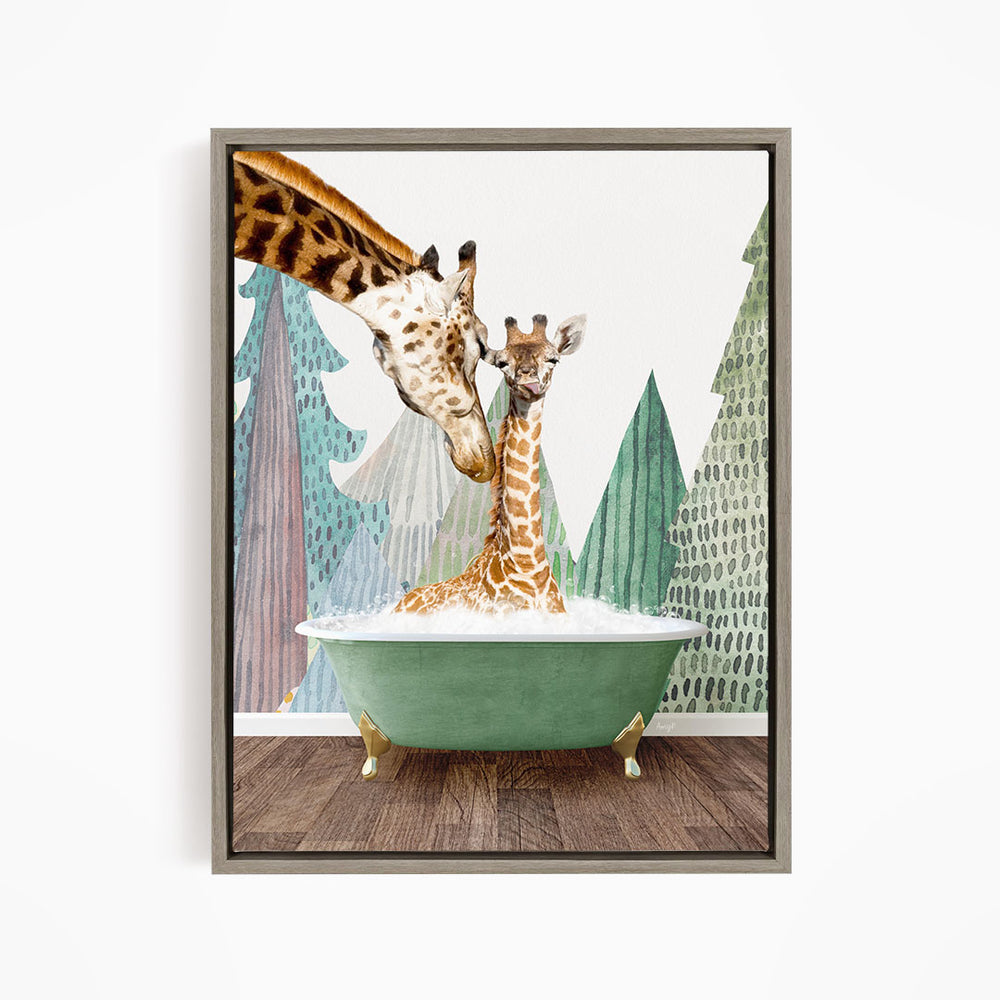 A giraffe and a baby giraffe are sitting in a green bathtub, with a forest backdrop.