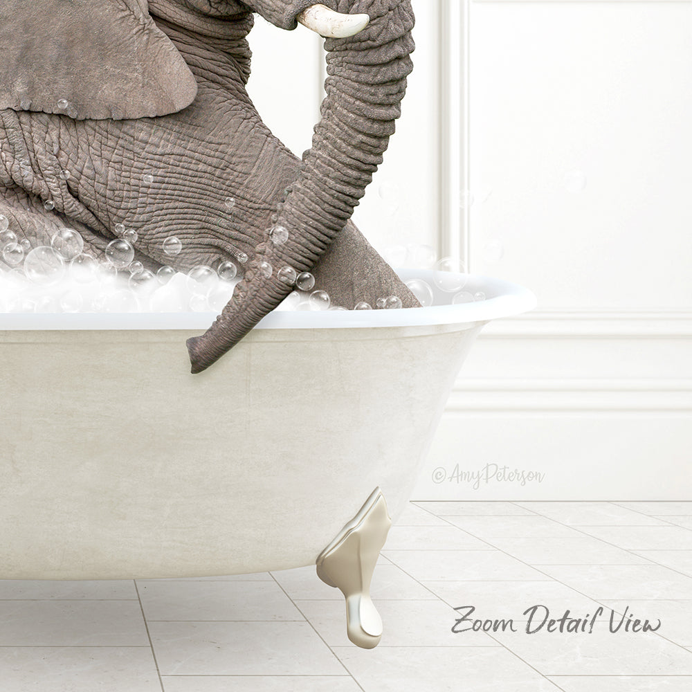 A large elephant is sitting in a bathtub filled with bubbles, creating a whimsical and playful scene.