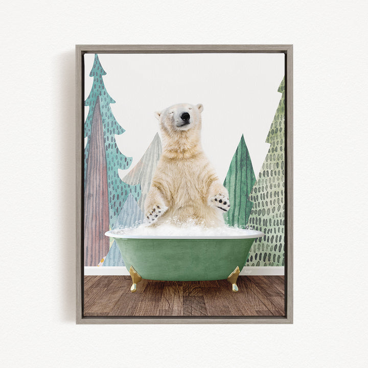 A polar bear is sitting in a green bathtub, surrounded by trees with a snowy landscape in the background.