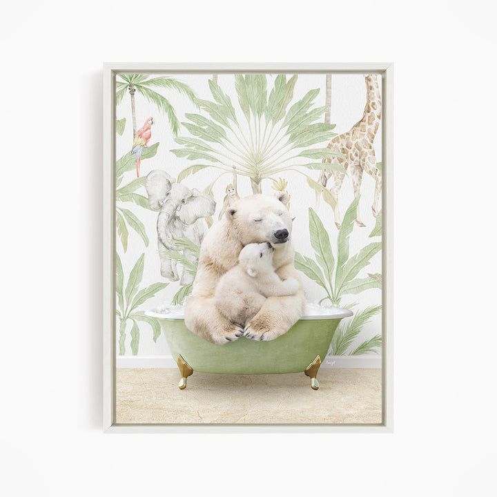 A polar bear is sitting in a green bathtub, surrounded by tropical plants and animals, including a giraffe and a parrot.