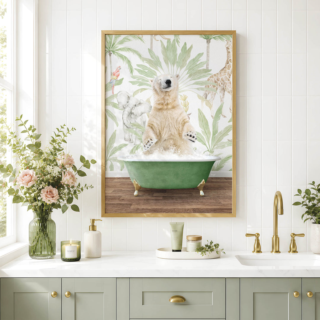 a bathroom scene with a framed picture of a polar bear sitting in a bathtub, surrounded by tropical plants and flowers.