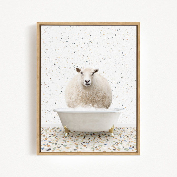 A fluffy white sheep is sitting in a white bathtub filled with bubbles, creating a whimsical and playful scene.