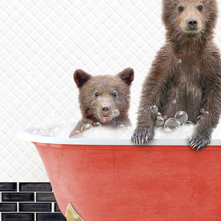 two brown bears are sitting in a bathtub