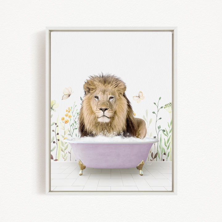 A lion is sitting in a purple bathtub, surrounded by flowers and butterflies, creating a whimsical and playful scene.
