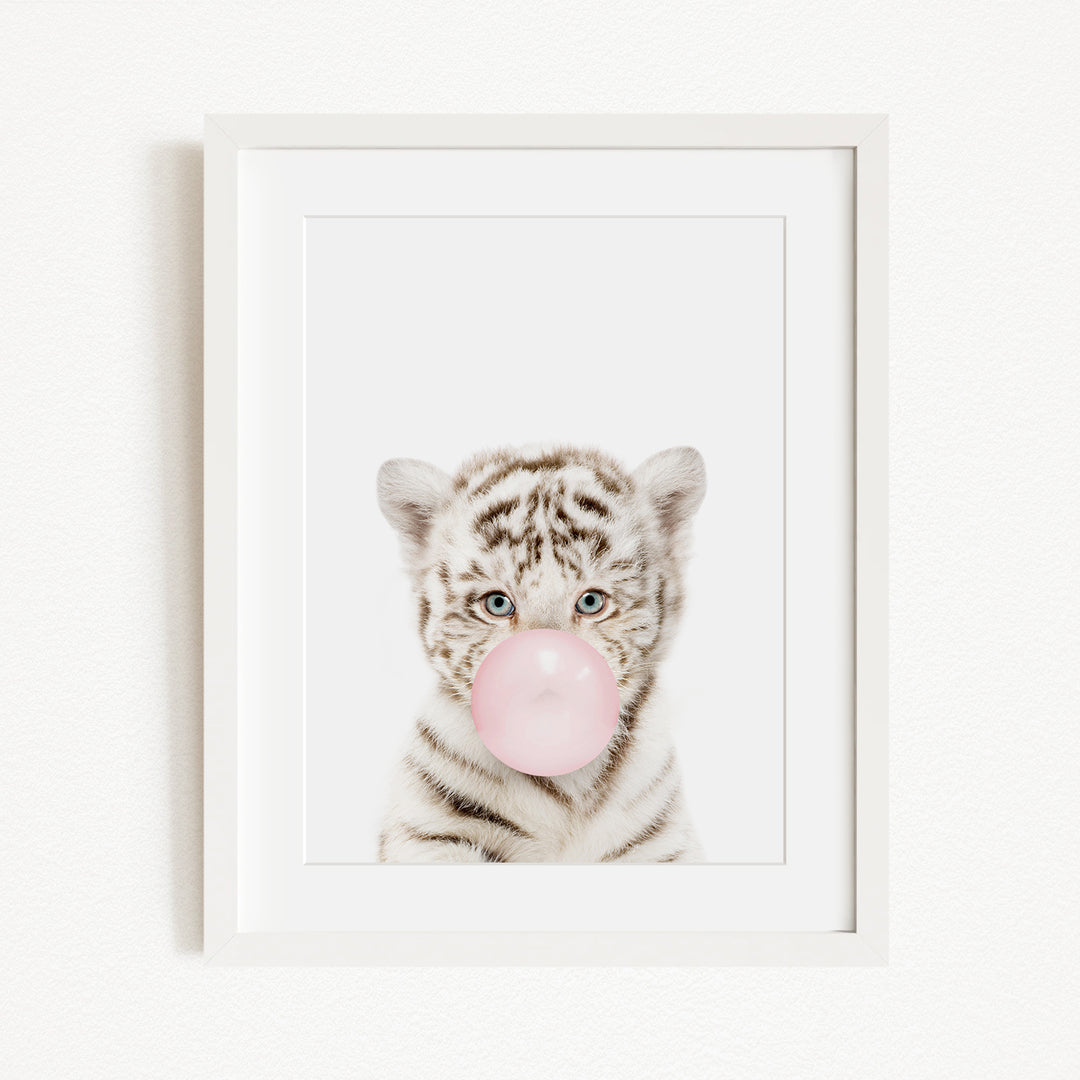 A white tiger with blue eyes is blowing a pink bubble with its mouth, creating a playful and whimsical scene.