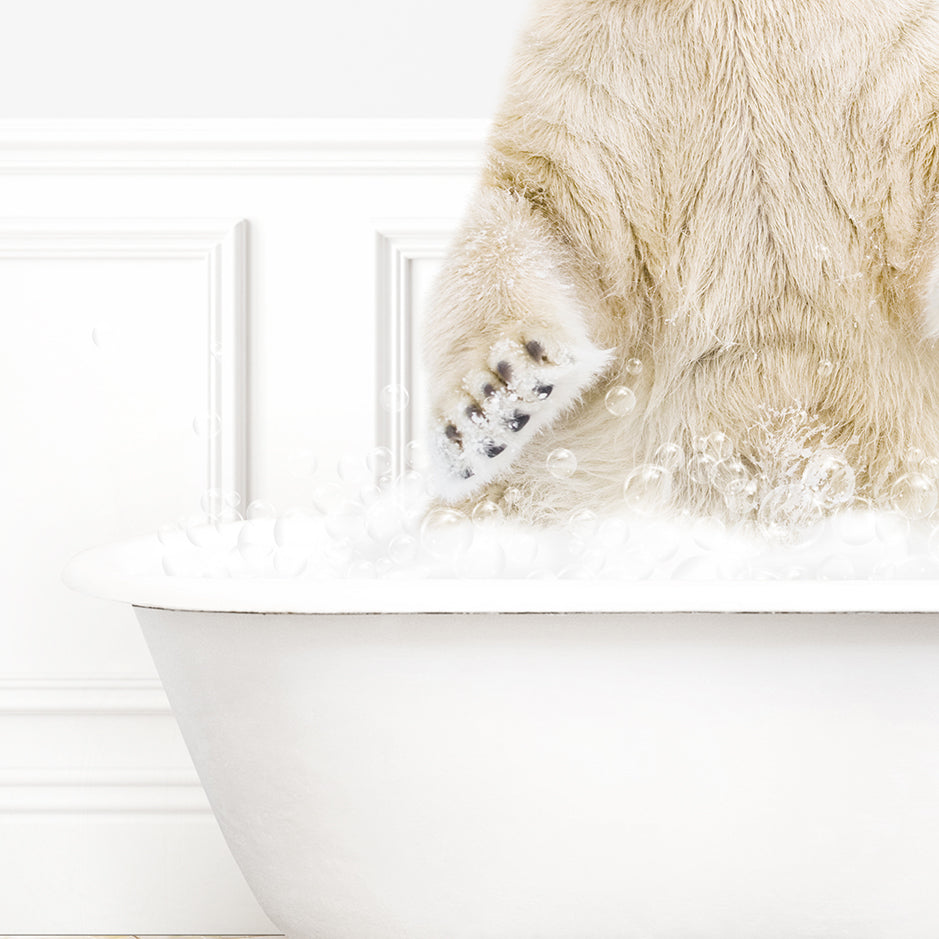 a polar bear standing on its hind legs in a bathtub