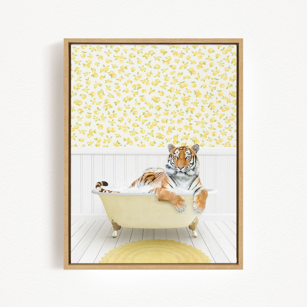 A tiger is sitting in a bathtub filled with water, surrounded by a yellow floral pattern on the walls.