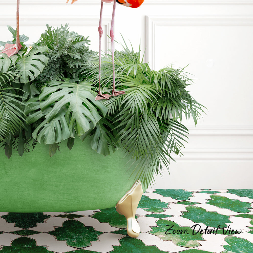 A green bathtub filled with lush green plants and palm leaves, with a pair of pink flamingos perched on the edge.