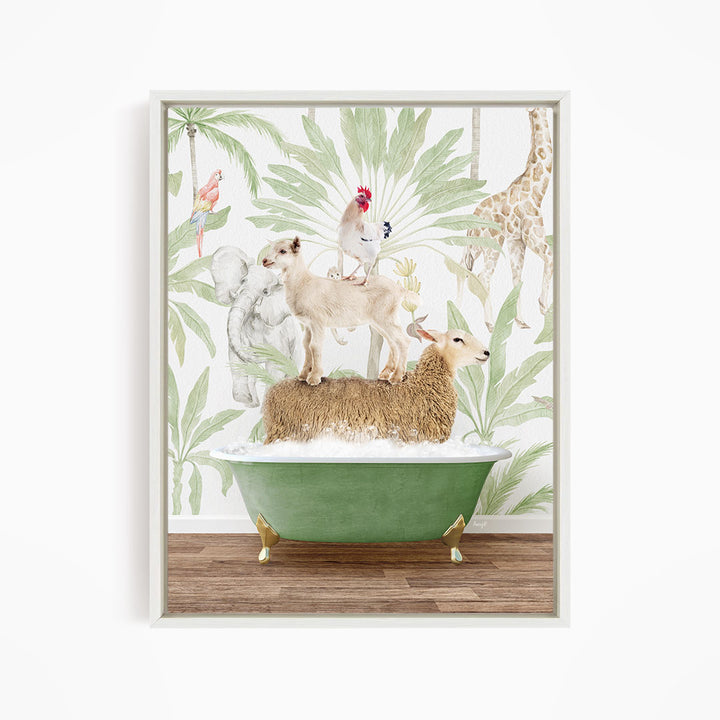A collage of various animals, including a dog, cat, sheep, and bird, all sitting or standing on a green bathtub against a tropical background with palm trees and other foliage.
