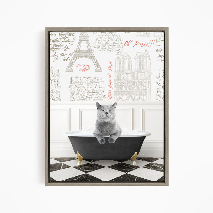 A gray cat sitting in a bathtub filled with bubbles, surrounded by a Paris-themed background with the Eiffel Tower and other landmarks.