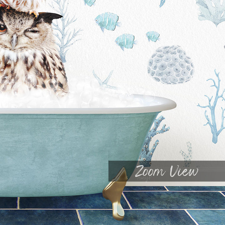 A close-up of a blue bathtub with a large owl sitting inside, surrounded by a whimsical underwater scene with fish and coral.
