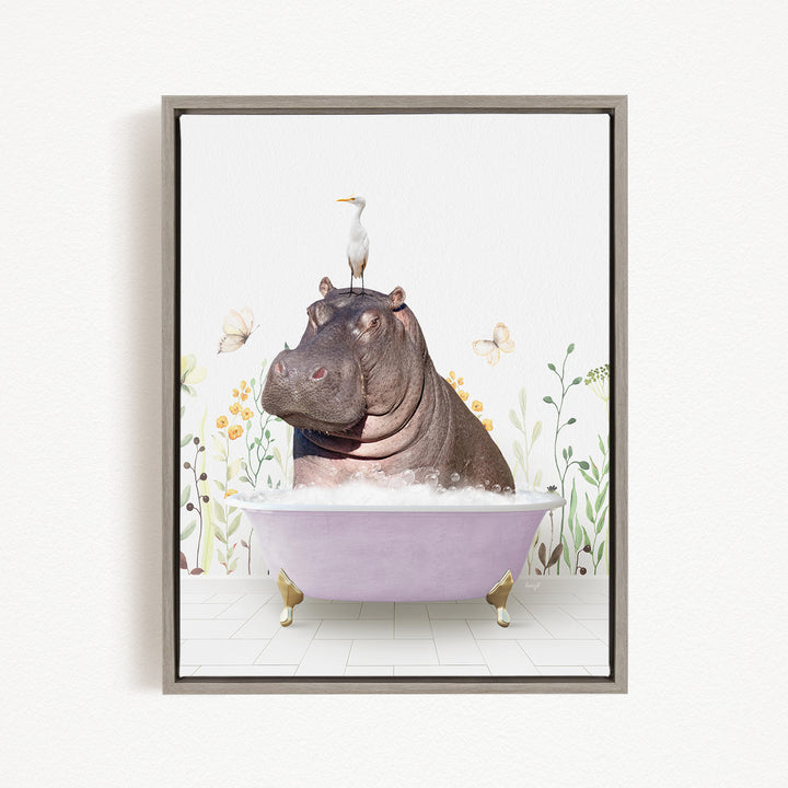 A hippopotamus sitting in a bathtub, with a seagull perched on its head, surrounded by flowers and butterflies.
