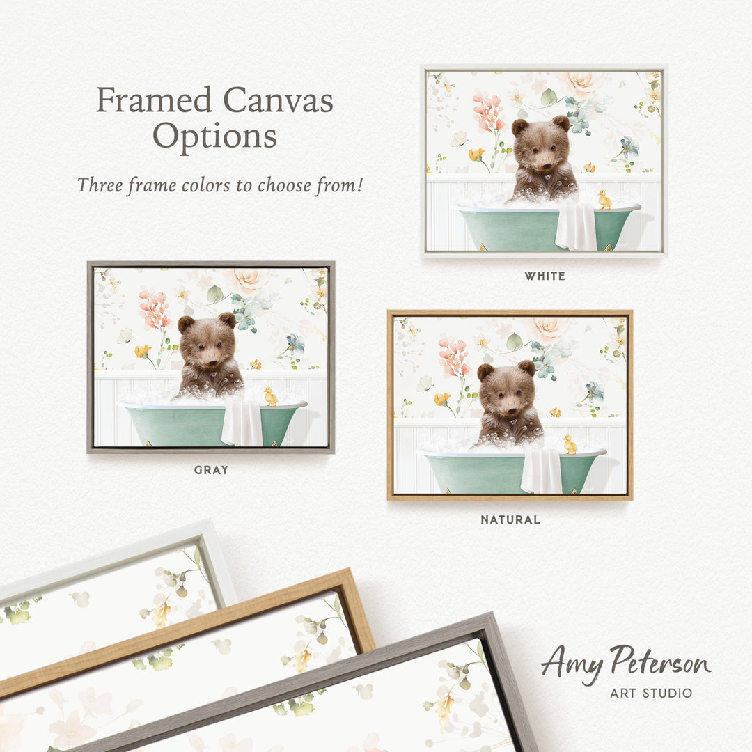 The image is a framed canvas with three different color options for a painting of a bear in a bathtub. The options include white, gray, and natural.