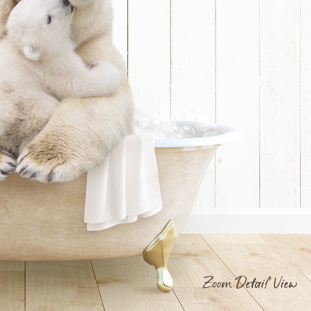 A polar bear sitting in a bathtub, with its head resting on another polar bear's back.