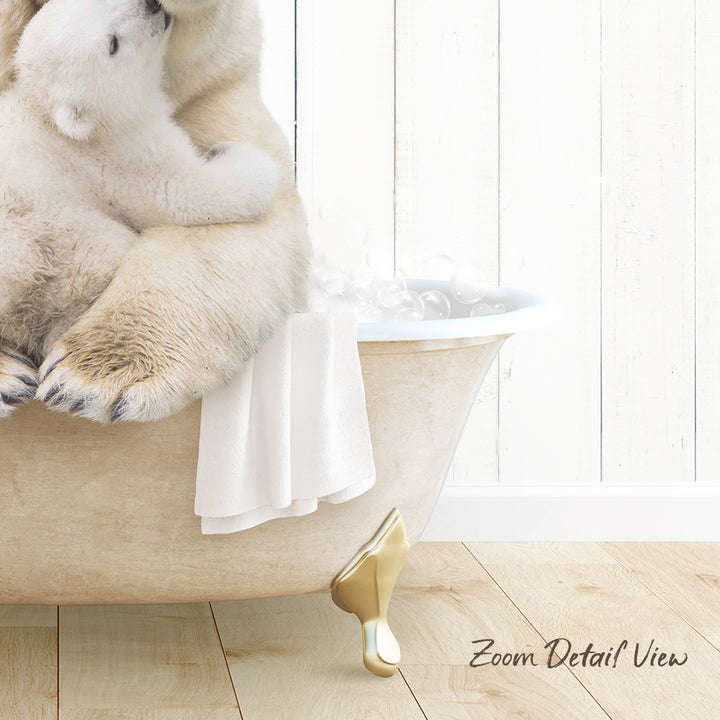 A polar bear sitting in a bathtub, with its head resting on another polar bear's back.