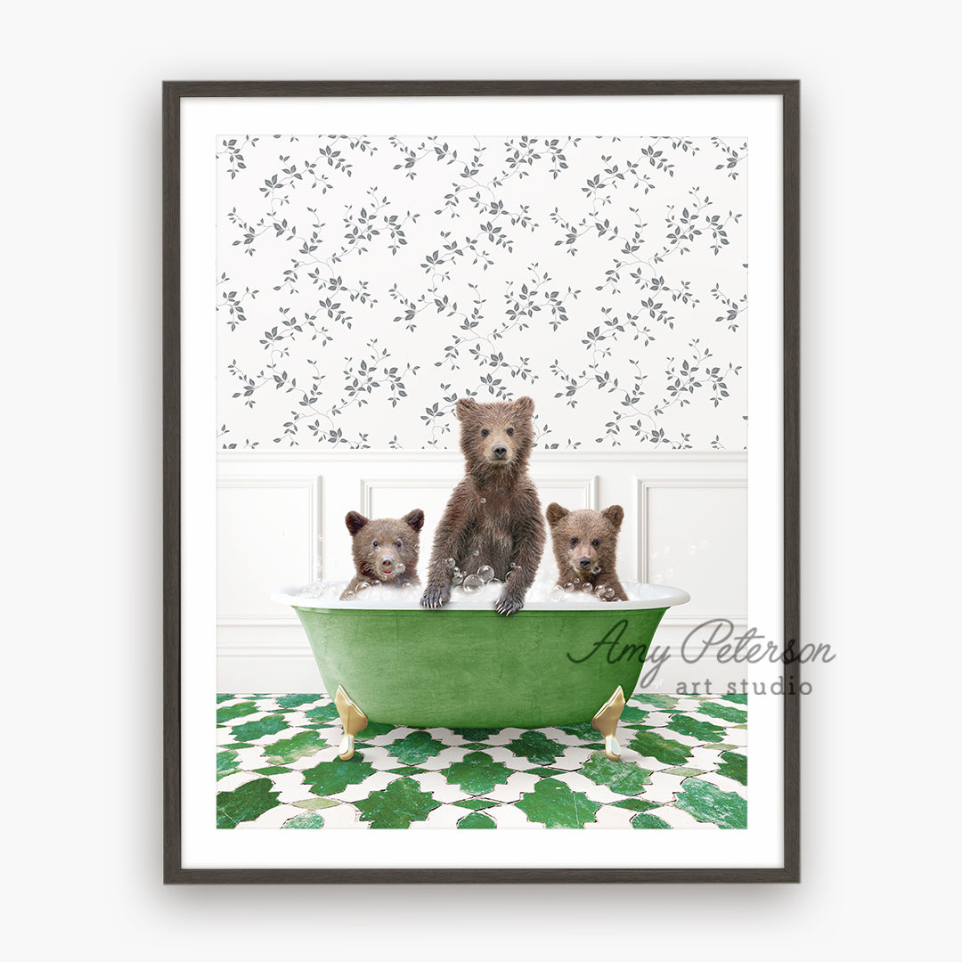 a picture of three bears in a green bathtub