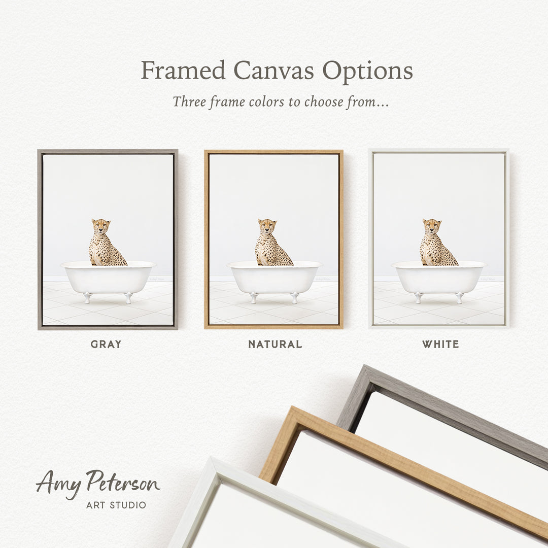 three framed canvas options, each featuring a cheetah sitting in a bathtub. The options include a gray frame, a natural frame, and a white frame.