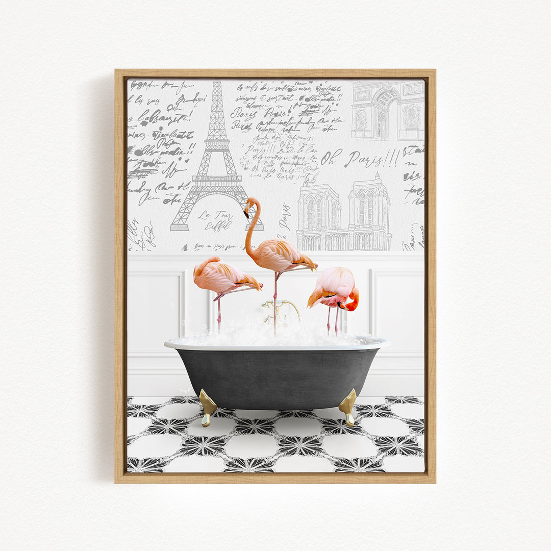 A framed image depicting three flamingos sitting in a bathtub, with a Paris-themed background featuring the Eiffel Tower and other architectural elements.