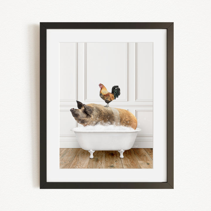 A rooster sits atop a pig in a white bathtub, creating a whimsical and humorous scene.