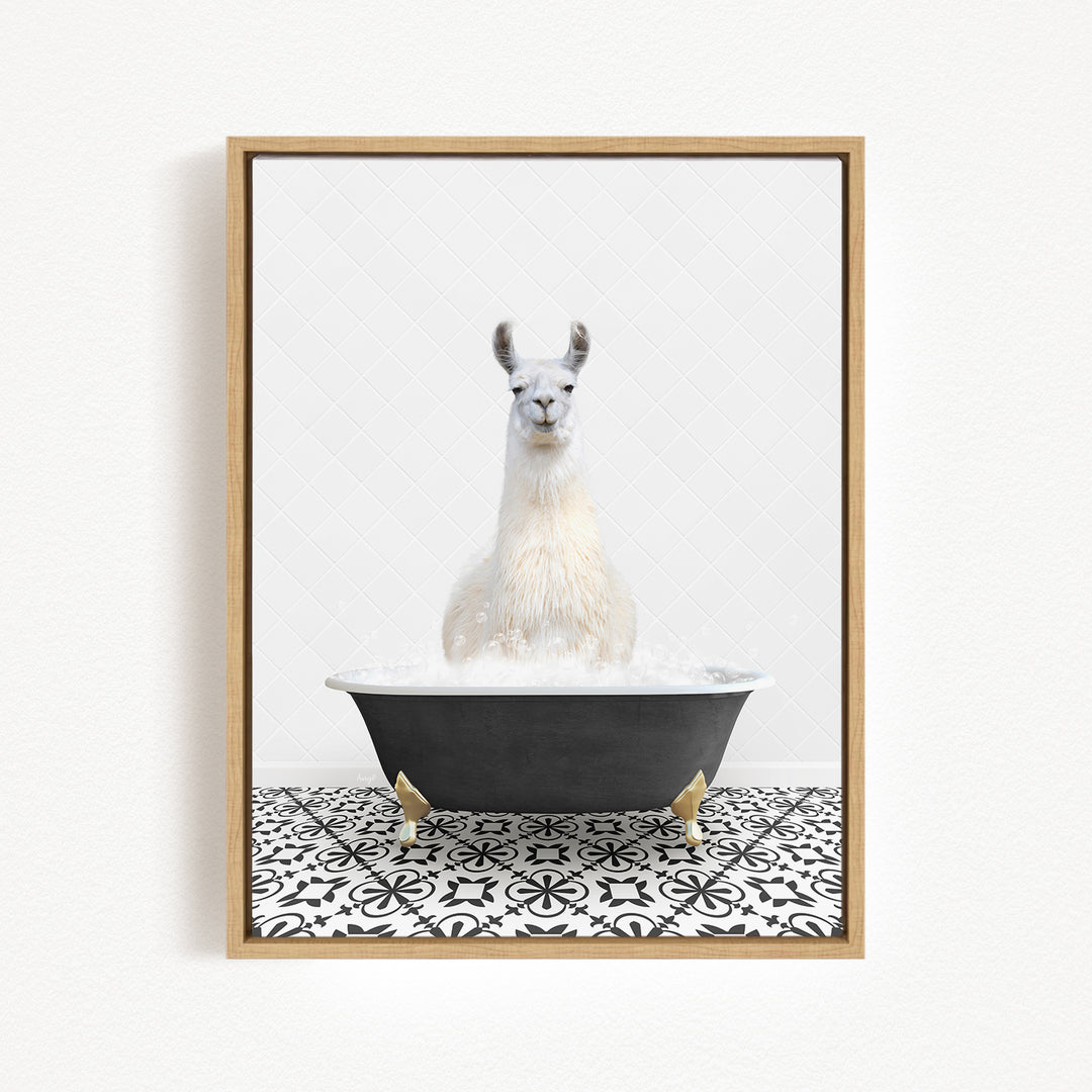 A white llama sitting in a black bathtub filled with water, surrounded by a black and white patterned floor.