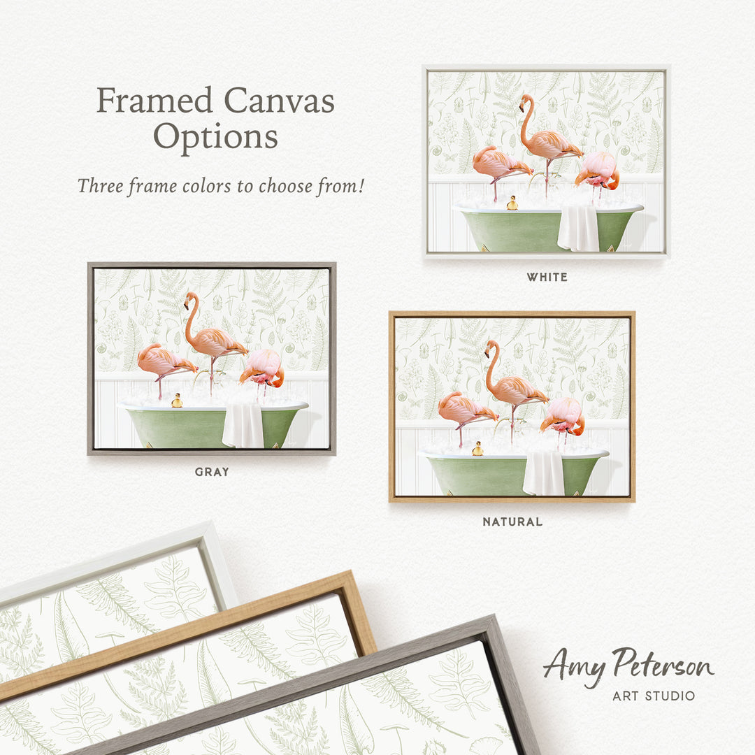 three framed canvas options featuring a pink flamingo in a green bathtub, with three different frame colors to choose from: white, gray, and natural.