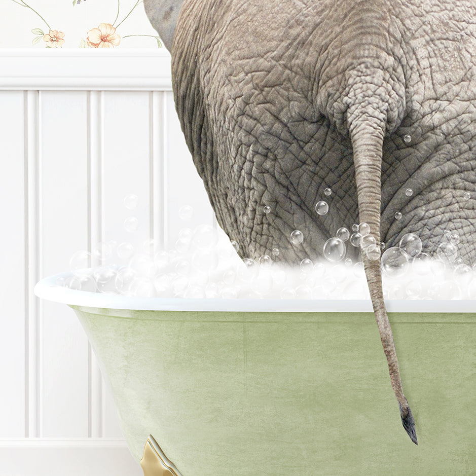 an elephant is taking a bath in a bathtub