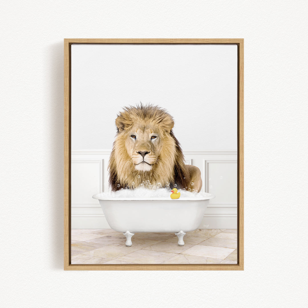 A lion sitting in a white bathtub, surrounded by bubbles and a rubber duck.