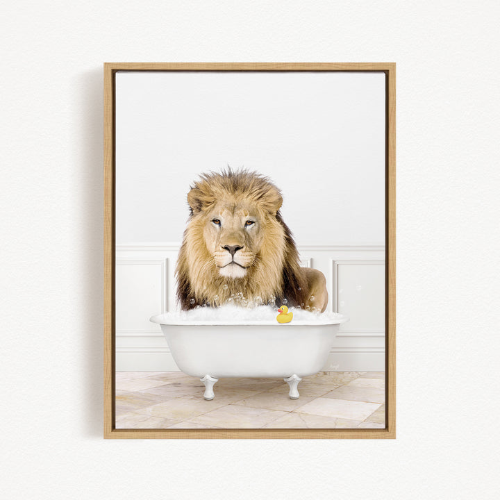 A lion sitting in a white bathtub, surrounded by bubbles and a rubber duck.