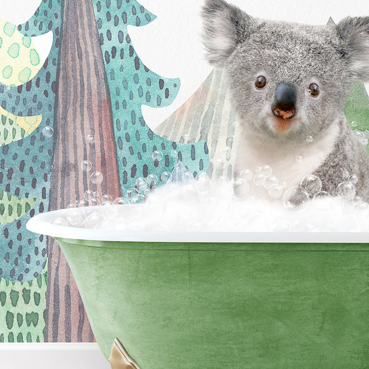 a koala in a green bath tub with bubbles