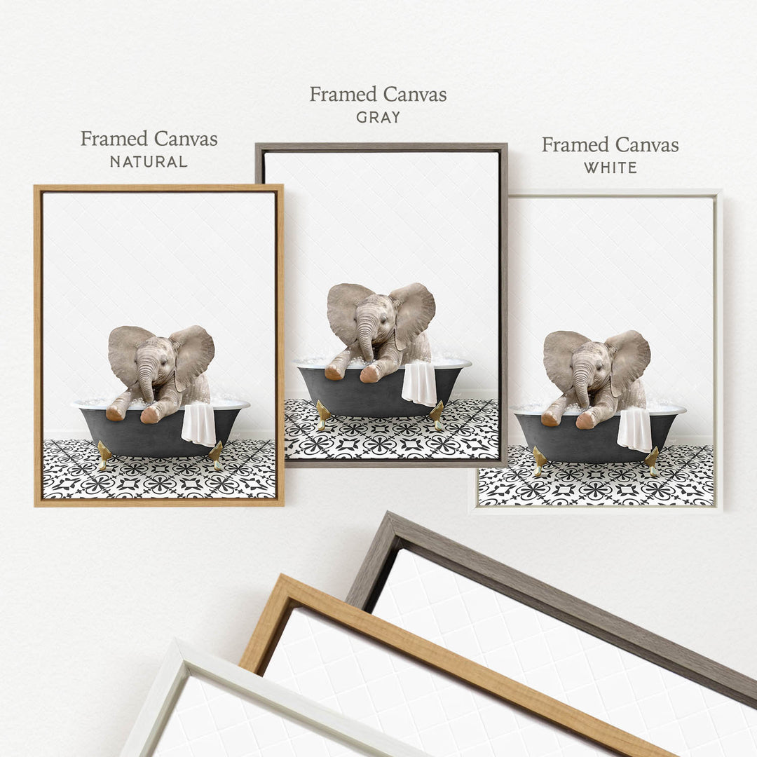 three framed pictures of elephants sitting in bathtubs, each with a different color frame.