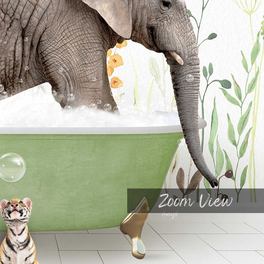 A large elephant is taking a bath in a green bathtub, surrounded by bubbles, while a small tiger and a cat watch nearby.