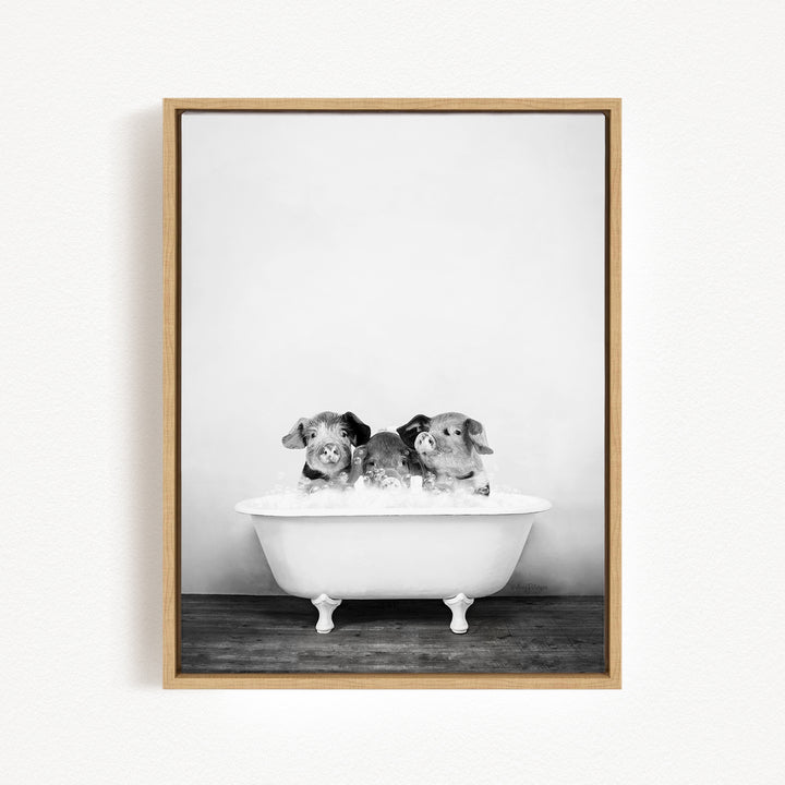 A black and white photograph of three small dogs sitting in a white bathtub.
