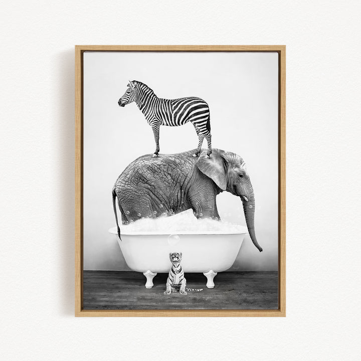 A zebra stands on the back of an elephant, which is submerged in a bathtub, creating a whimsical and surreal scene.