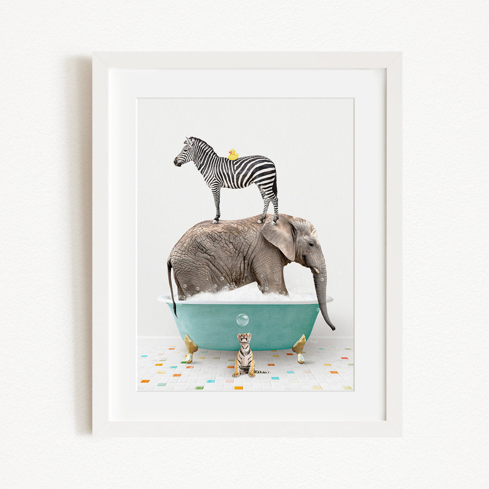 A zebra stands on top of an elephant in a bathtub, surrounded by a cat, a bird, and a dog, creating a whimsical and playful scene.