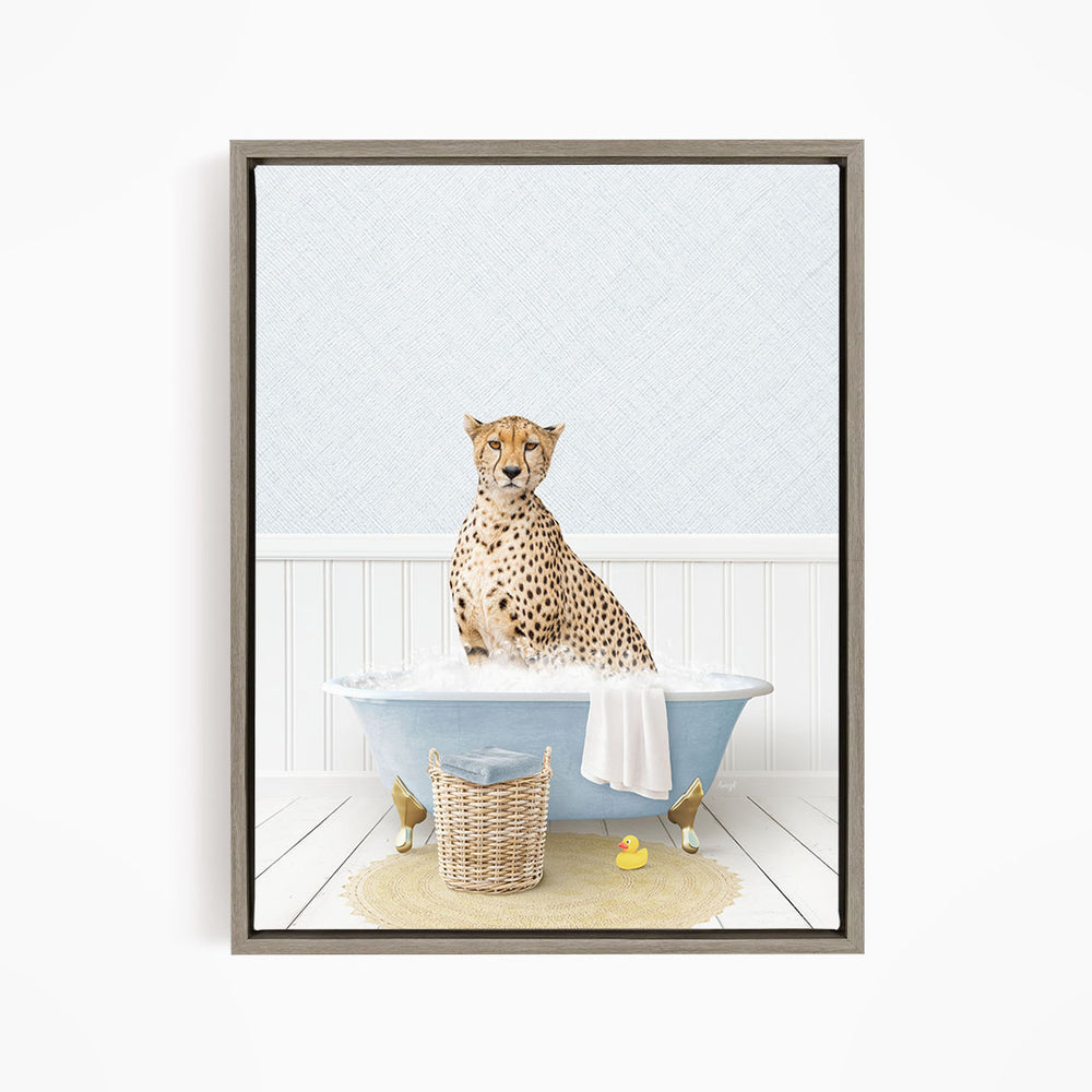 A cheetah sitting in a blue bathtub filled with water, surrounded by rubber ducks.