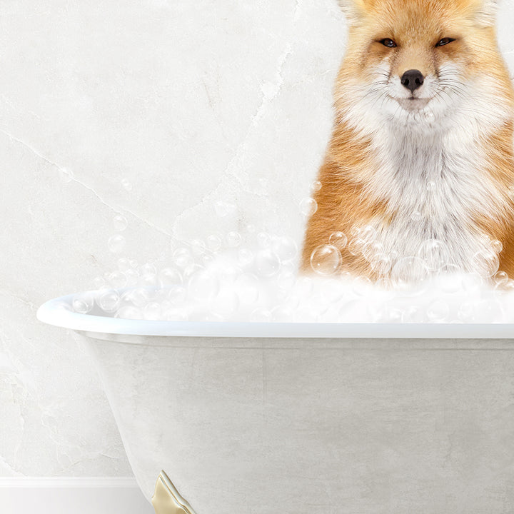 a fox is sitting in a bathtub full of foam