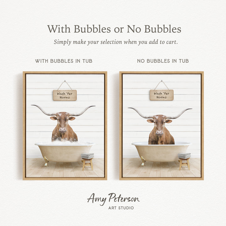 The image is a collage of two pictures featuring a bull with horns in a bathtub. The bull is sitting in the tub with a sign that says "Wash Yer Horns". The collage includes a framed image of the bull in the tub with the sign, and another framed image of the bull in the tub without the sign.