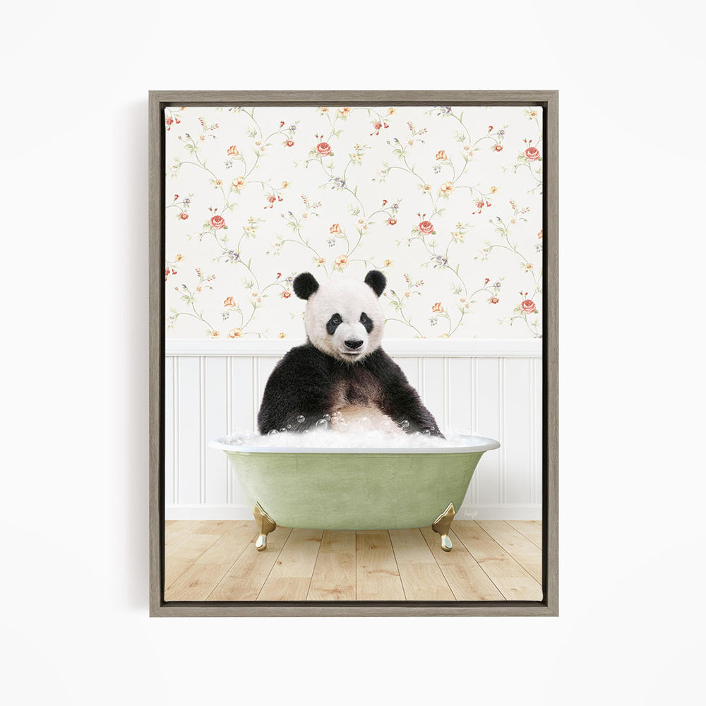 A panda bear sitting in a green bathtub filled with bubbles, surrounded by a floral wallpaper.