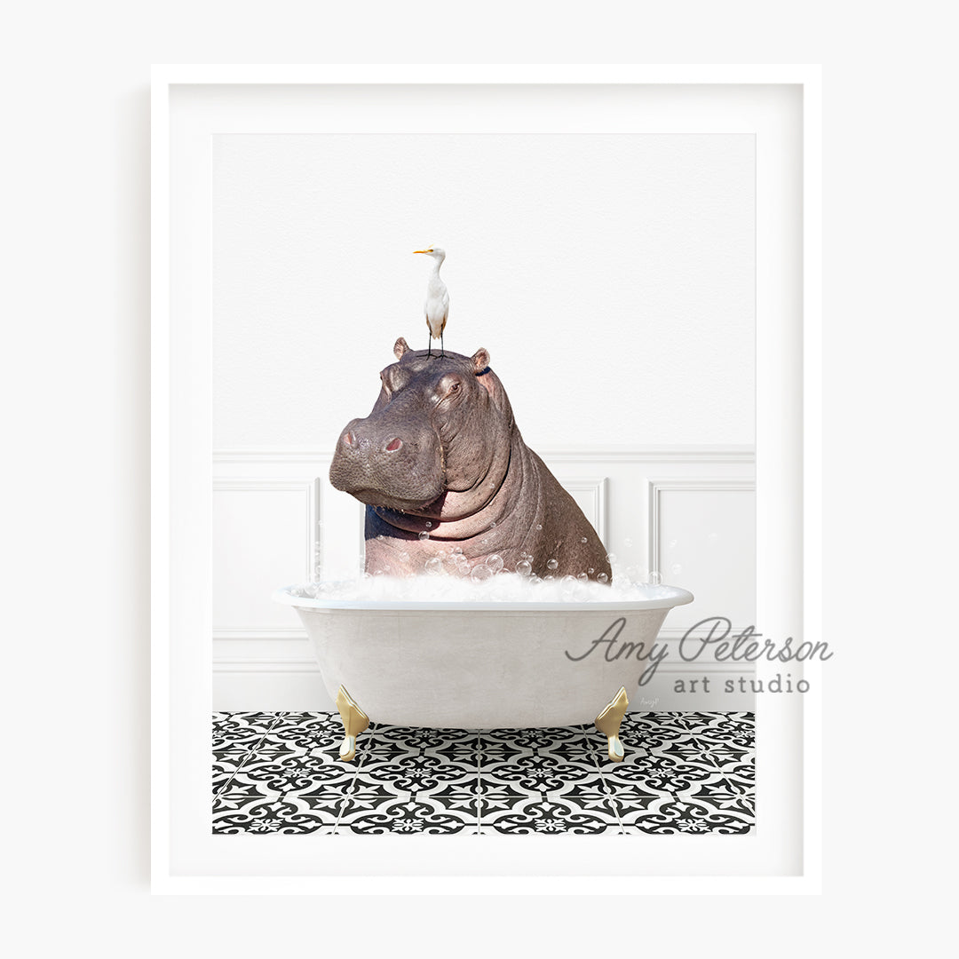 a hippo in a bathtub with a bird on top of it