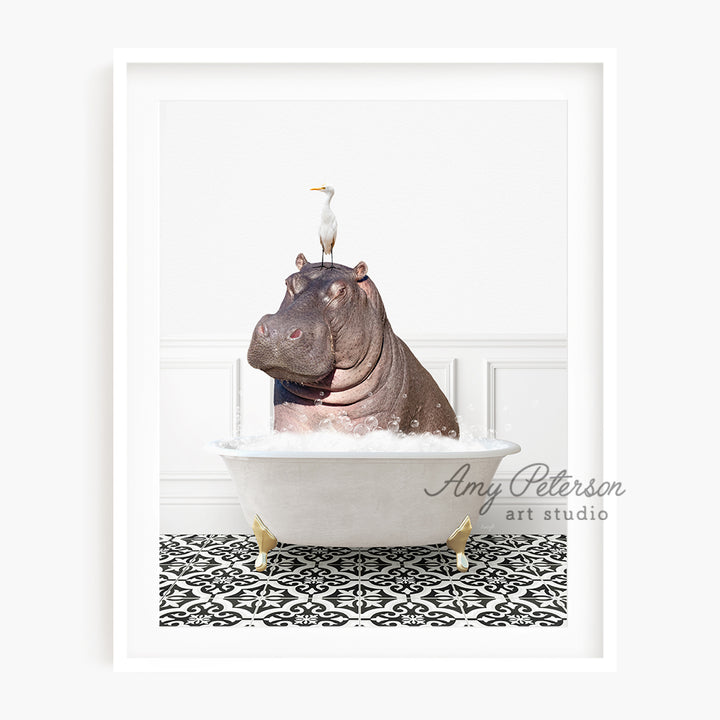 a hippo in a bathtub with a bird on top of it