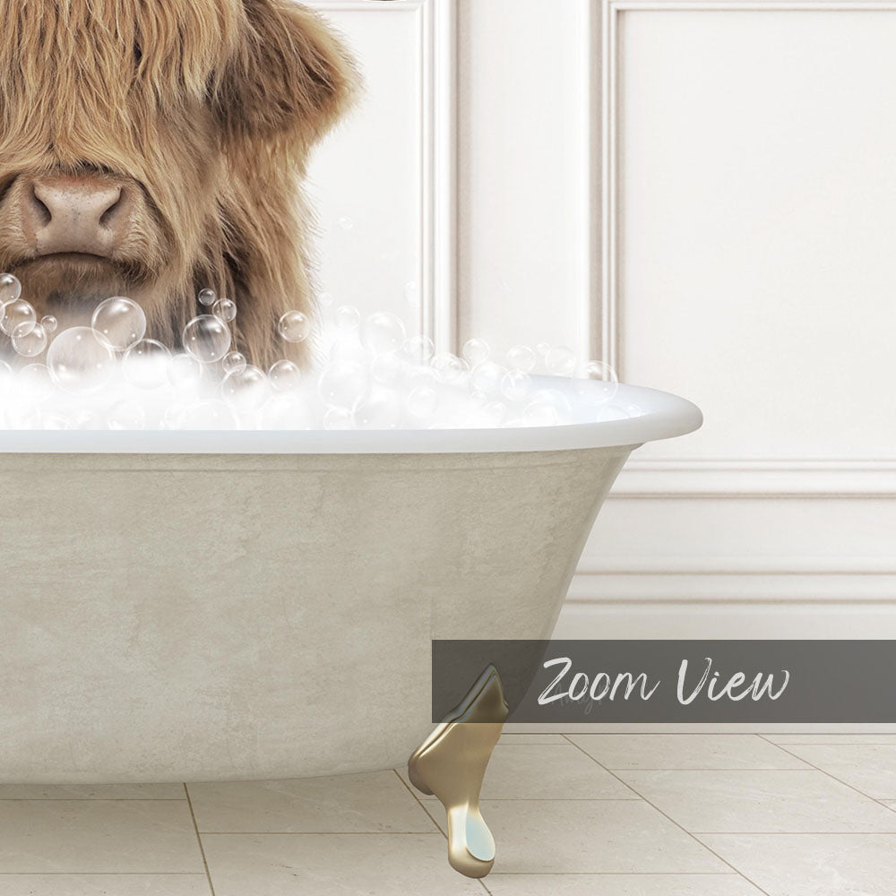 A cow with long hair is sitting in a bathtub filled with bubbles, creating a whimsical and amusing scene.