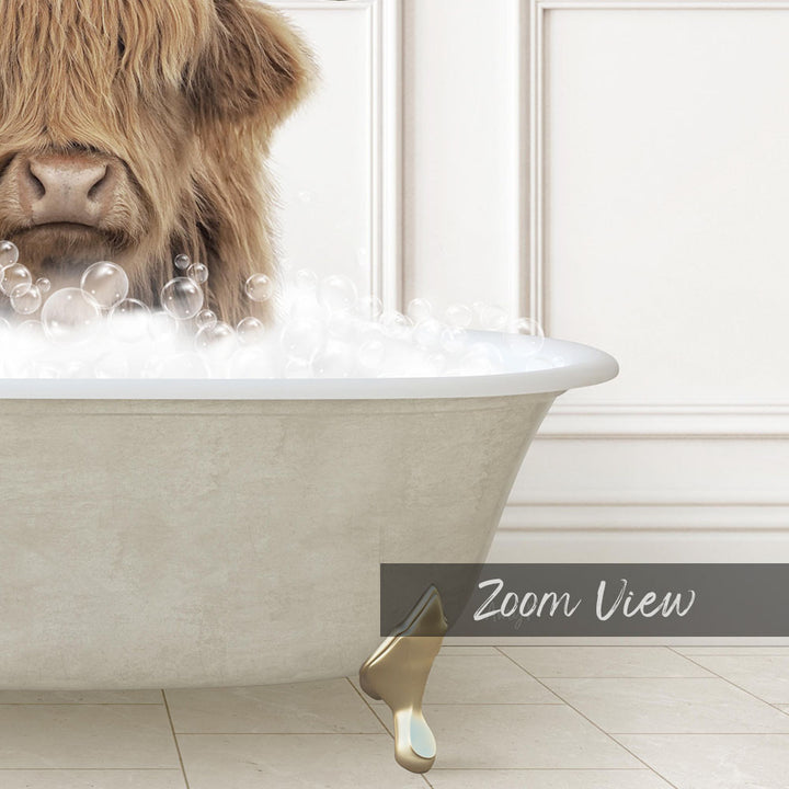 A cow with long hair is sitting in a bathtub filled with bubbles, creating a whimsical and amusing scene.
