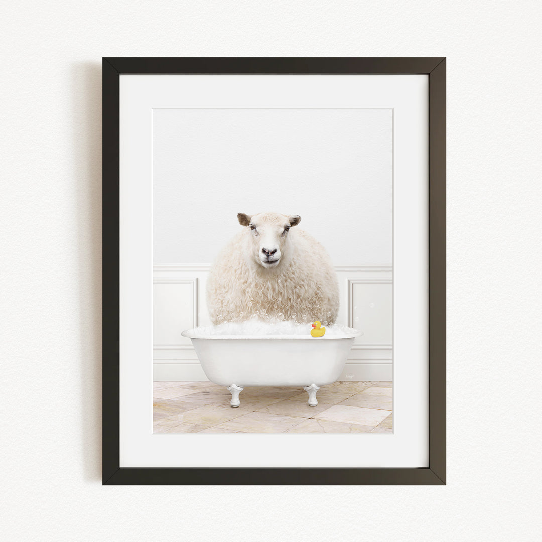 A fluffy white sheep sits in a white bathtub, surrounded by a yellow rubber duck.