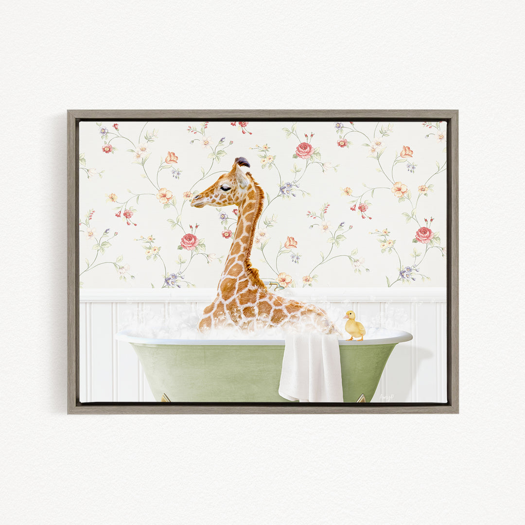A giraffe sitting in a green bathtub filled with bubbles, surrounded by a floral wallpaper.