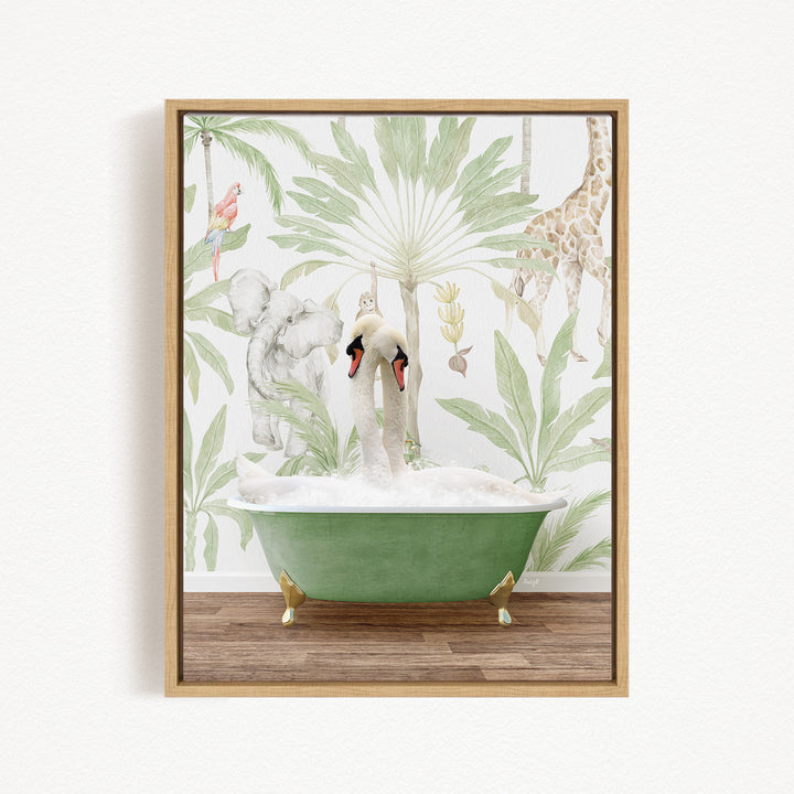 A framed print depicting a green bathtub filled with bubbles, surrounded by various animals such as a giraffe, elephant, and swans, set against a tropical wallpaper background.