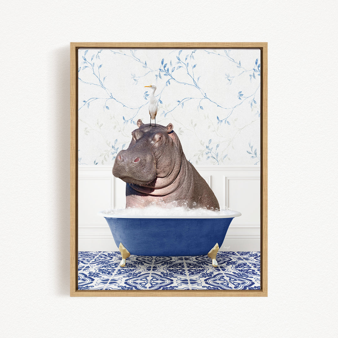 A large hippopotamus sitting in a blue bathtub, with a seagull perched on its head.
